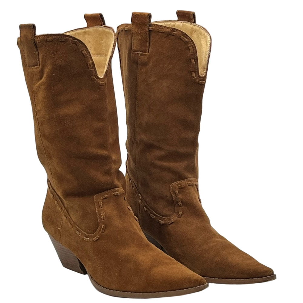 Michael Kors Brown Suede Cowboy Pull On Mid-Calf Pointed Raped Heal Boots 8M - Picture 1 of 14